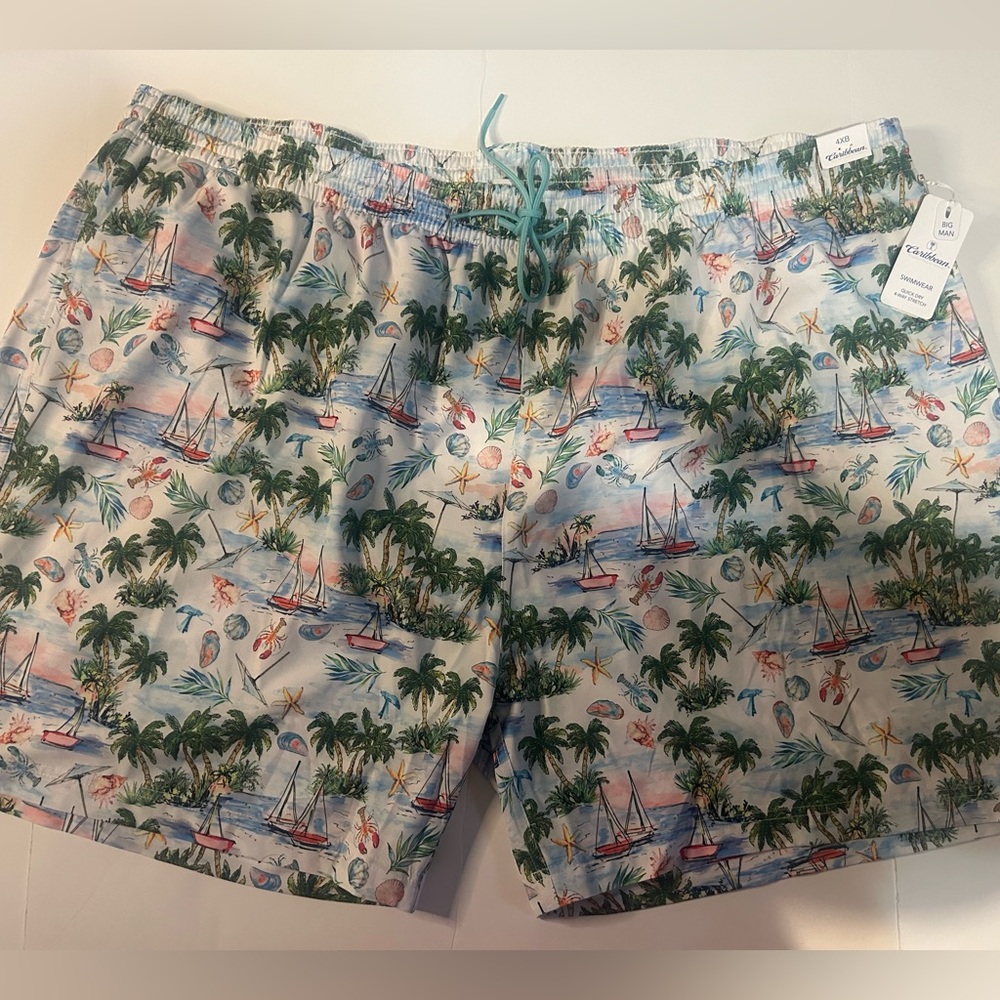 NEW Caribbean Swimwear Men’s Swim Trunks 4XB Big  Tropical Drawstring Pockets